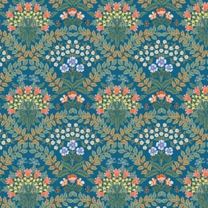 Könnte beinhalten: Ein blaugrüner Hintergrund mit einem sich wiederholenden Muster aus bunten Blumen und Blättern. Die Blumen sind in Orange-, Gelb-, Rosa- und Blautönen gehalten. Die Blätter sind in Grün- und Brauntönen gehalten.