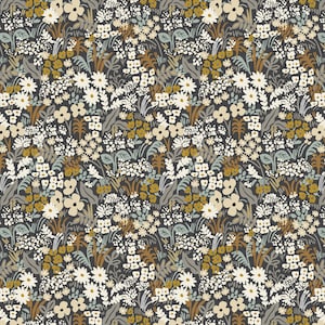 May include: A seamless pattern featuring a variety of white, beige, and brown flowers on a dark gray background. The pattern is perfect for fabric, wallpaper, or other decorative projects.