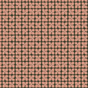 May include: A seamless pattern of pink four-leaf clover shapes on a dark green background.