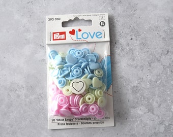 Boutons pression Prym Love Color Snaps « Heart » (Ø 12,4 mm/30 pièces/bleu, rose, jaune)