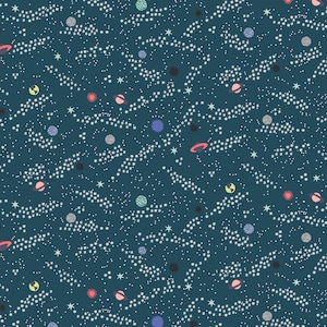 May include: A seamless pattern featuring a dark blue background with white stars, planets, and other celestial objects. The planets are in various colours, including green, blue, pink, and red.