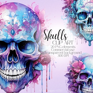 Crâne Halloween Aquarelle clipart bundle Utilisation commerciale Transparent PNG 300 DPI Noir Violet Mort Invitations Scrapbooking Journaling Art