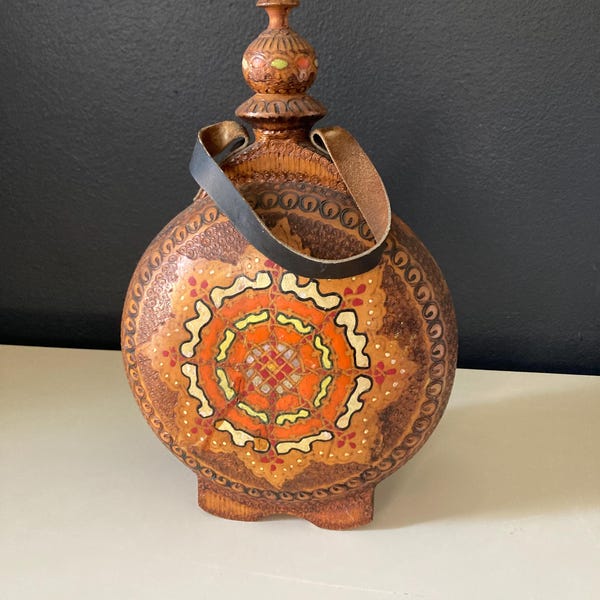 Vintage Carved Painted Wood Canteen with Leather Handles
