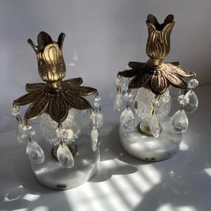 Hollywood Regency Italian Toleware candle holders with crystal prisms and marble bases Made in Italy