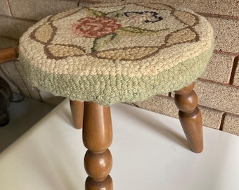 Vintage Hooked Rug Cover Wood Milking Stool W/Handle Floral Stamped on the Bottom 11.5" t