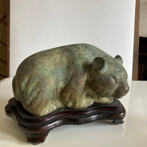 Vintage Bronze Panda Statue on Wood Base