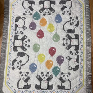 Handmade Completed Pandas with Balloons Baby Cross Stitch Crib Quilt/Blanket, 34”x43”