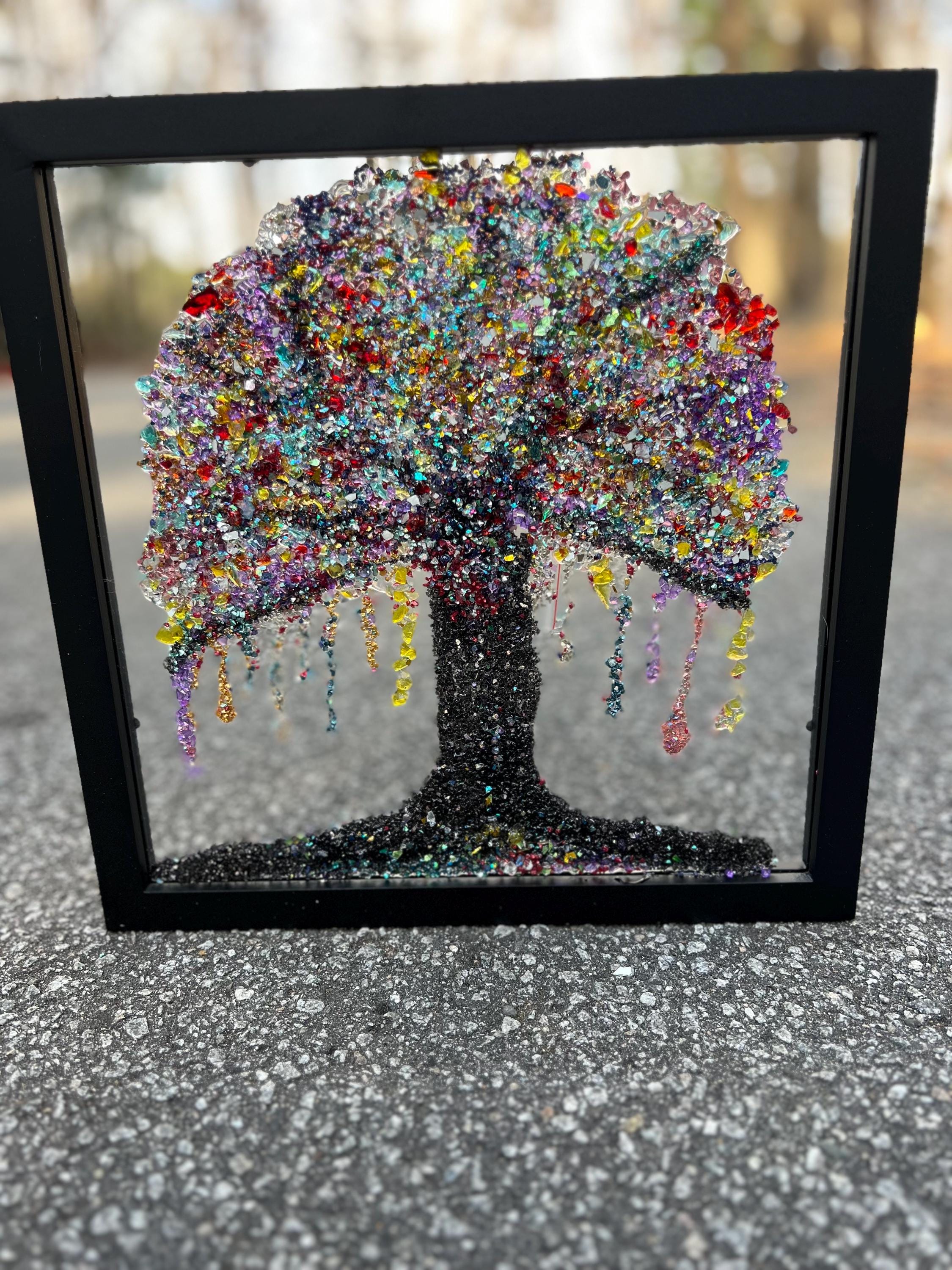 Crushed Glass Louisiana Artwork, Mardi Gras Bead Tree Decor