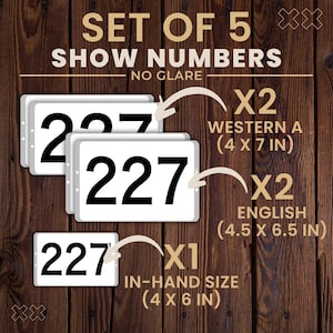 May include: Set of 5 show numbers with the number 227 in black on a white background. Includes Western A (4 x 7 in), English (4.5 x 6.5 in), and in-hand size (4 x 6 in) options. The text "NO GLARE" is also visible.