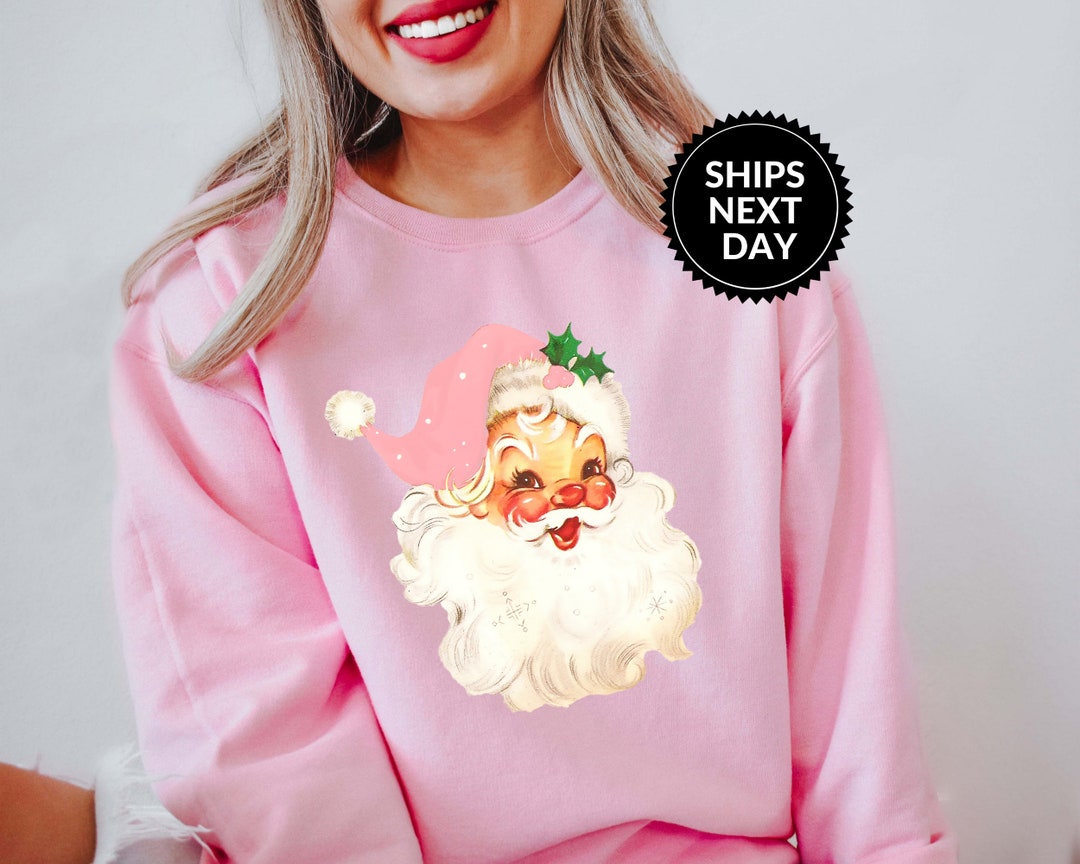 Pink Retro Santa Sweatshirt Christmas Sweatshirt Women Etsy