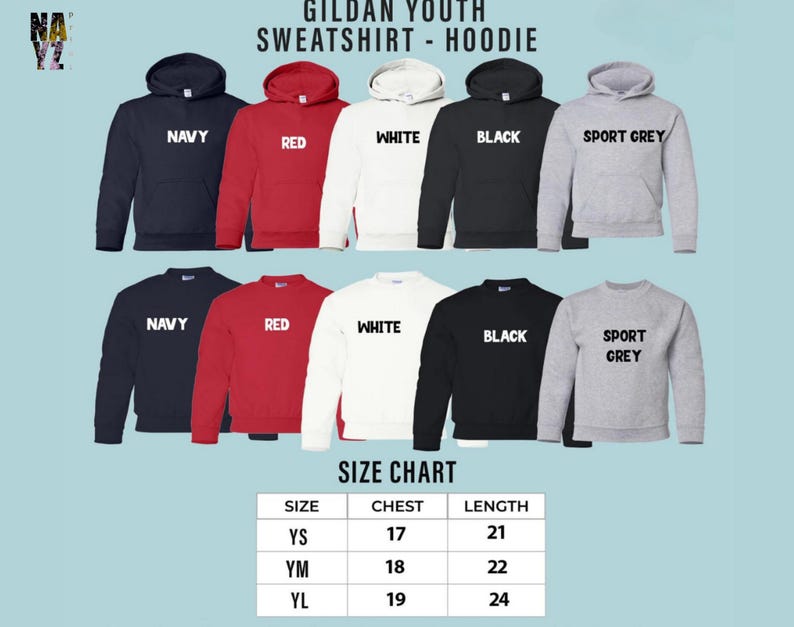 Puede incluir: Una exhibici&oacute;n de sudaderas y sudaderas con capucha Gildan para j&oacute;venes en azul marino, rojo, blanco, negro y gris deportivo. La imagen incluye una tabla de tallas con medidas de pecho y largo. El texto "GILDAN YOUTH SWEATSHIRT - HOODIE" est&aacute; en la parte superior.