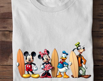 Disney Surf Vacation Shirt, Mickey Minnie Donald Goofy Beach Tee, Summer Disney Family Matching Outfit, Cute Cartoon Surfing Shirt