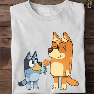 Bluey Mom and Child Shirt, Mother's Day Bluey Tee, Cute Cartoon Dog T-Shirt, Bluey Inspired Gift Shirt, Flower Scene Bluey Shirt