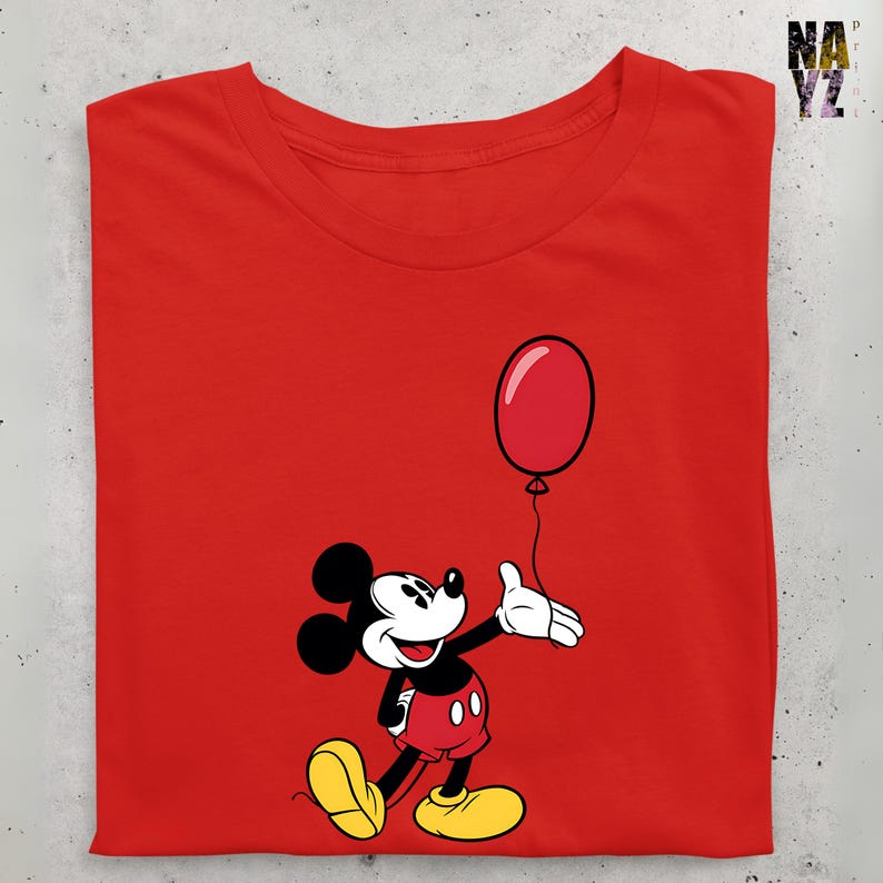 May include: Red t-shirt with a cartoon image of Mickey Mouse holding a red balloon.