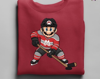 Custom Mario Ice Hockey Sweatshirt, Super Mario Hockey Sweat, Hockey Mario Hoodie, Personalized Ice Hockey Mario Sweater, Ice Hockey Gift