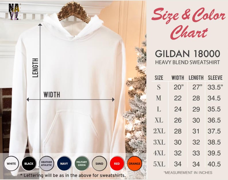 Puede incluir: Una sudadera blanca Gildan 18000 de mezcla pesada colgada de una percha dorada. La imagen incluye una tabla de tallas y colores con medidas en pulgadas. Los colores disponibles incluyen blanco, negro, azul marino y rojo.