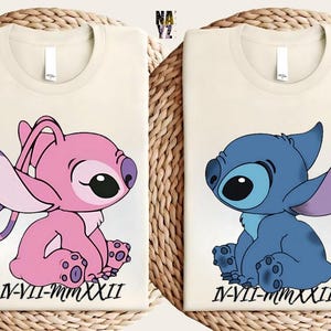 Personalized Stitch and Angel Embroidered Couple Sweatshirt, Anniversary for Couple, Valentine&#39;s Day Gift, Customizable Stitch Sweatshirt