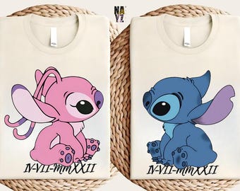 Personalized Stitch and Angel Embroidered Couple Sweatshirt, Anniversary for Couple, Valentine's Day Gift, Customizable Stitch Sweatshirt