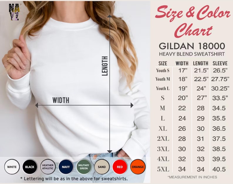 Puede incluir: Una sudadera blanca Gildan 18000 de mezcla pesada. La imagen incluye una tabla de tallas y colores con medidas en pulgadas. Los colores disponibles son blanco, negro, atl&eacute;tico jaspeado, azul marino, verde militar, arena, rojo y naranja.