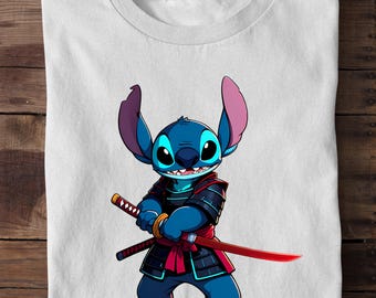 Samurai Stitch Shirt, Japanese Warrior Stitch Tee, Cute Anime Style Shirt, Kawaii Samurai T-Shirt, Blue Alien Sword Tee, Gift for Stitch Fan