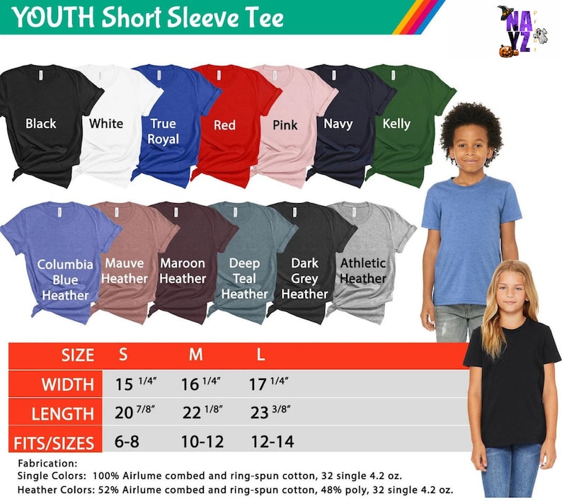 Op de afbeelding: Maattabel voor een korte mouw T-shirt voor kinderen met kleur opties waaronder zwart, wit, koninklijk blauw, rood, roze, marine, kelly groen, columbia blauw melange, mauve melange, maroon melange, donkerblauw melange, donkergrijs melange en atletisch melange. De tabel toont de breedte en lengte in inches voor de maten S, M en L. De tabel toont ook de overeenkomstige leeftijdsgroep voor elke maat. De stof is 100% Airlume gekamd en ringgesponnen katoen voor effen kleuren en 52% Airlume gekamd en ringgesponnen katoen, 48% polyester voor melange kleuren.