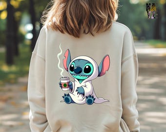 Coffee Addict Stitch Sweatshirt: Spooky Christmas Lilo Design