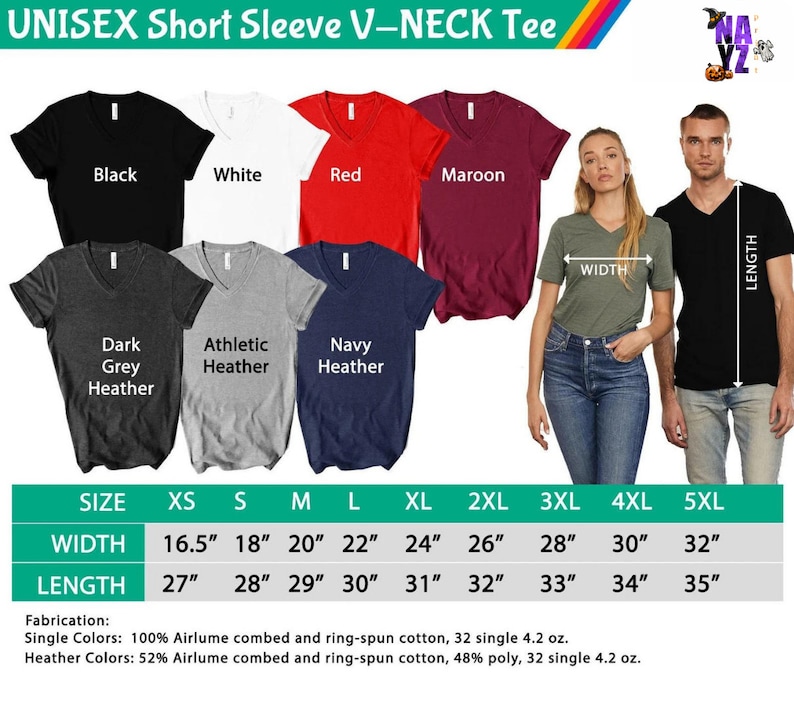 Op de afbeelding: Maattabel voor unisex korte mouw V-hals T-shirts. De tabel toont de breedte- en lengtemaat in inches voor maten XS tot 5XL. De tabel geeft ook de stofsamenstelling voor effen kleuren en melangekleuren.