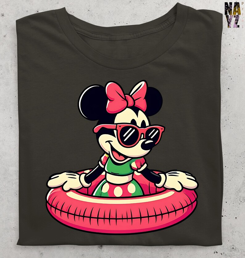 May include: Dark olive green t-shirt featuring a cartoon Minnie Mouse in a pink inner tube and sunglasses. Minnie wears a green and red polka dot dress and a pink bow. The shirt has a classic, cartoon style.