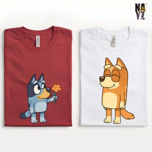 Bluey Mom and Kid Shirt Set, Matching Bluey Family Tee, Cute Bluey Flower Shirt, Mother's Day Bluey Gift, Cartoon Dog Mom and Child Tee