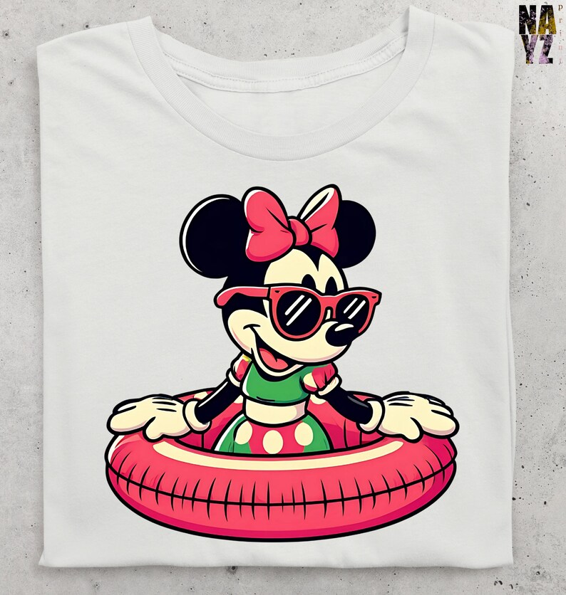 May include: White t-shirt with a cartoon Minnie Mouse graphic. Minnie is depicted wearing sunglasses, a pink bow, and a green and red polka dot dress, floating in a red inner tube. The design is centered on the shirt.