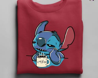 Stitch Sweatshirt, Stitch Coffee Lover Hoodie, Coffee Lover Gift Idea, Disney Stitch Sweatshirt, Disney Trip Shirt, Stitch Ohana Sweat