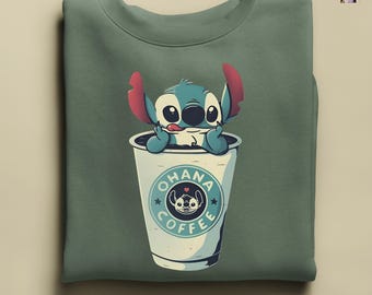Stitch Sweatshirt, Stitch Coffee Lover Hoodie, Coffee Lover Gift Idea, Disney Stitch Sweatshirt, Disney Trip Shirt, Stitch Ohana Sweat