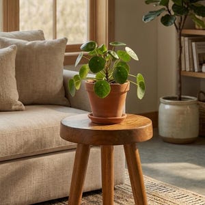 Op de afbeelding: Een kleine, ronde houten kruk met drie poten en een gladde, natuurlijke afwerking. Bovenop de kruk staat een Pilea peperomioides plant met ronde, groene bladeren, geplant in een terracotta-kleurige pot met een bijpassende schotel.