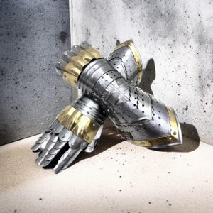 Medieval Steel Armor Gauntlet Gloves: Brass Accents, XL Size, Cosplay Reenactment