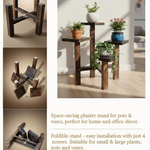 Puede incluir: Un soporte para plantas de madera marr&oacute;n oscuro de varios niveles con tres niveles, que sostiene plantas en macetas. El soporte est&aacute; hecho de vigas cuadradas de madera y tiene un aspecto r&uacute;stico. El texto indica que es un soporte para plantas que ahorra espacio.