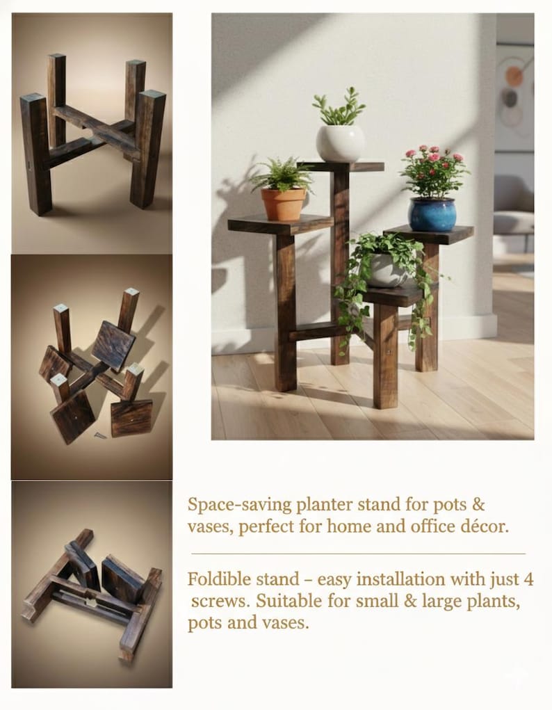 Puede incluir: Un soporte para plantas de madera marr&oacute;n oscuro de varios niveles con tres niveles, que sostiene plantas en macetas. El soporte est&aacute; hecho de vigas cuadradas de madera y tiene un aspecto r&uacute;stico. El texto indica que es un soporte para plantas que ahorra espacio.