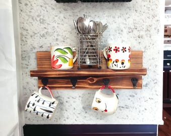 Pine Wood Coffee & Tea Mug Rack with 4 Iron Hooks – Wall Mounted Shelf