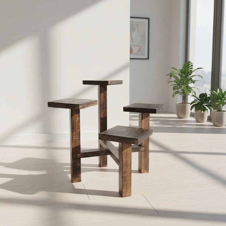 Puede incluir: Un conjunto de cuatro soportes para plantas de madera marr&oacute;n oscuro de diferentes alturas. Cada soporte tiene una parte superior cuadrada y una base rectangular resistente. Los soportes est&aacute;n dispuestos en una habitaci&oacute;n con luz natural.