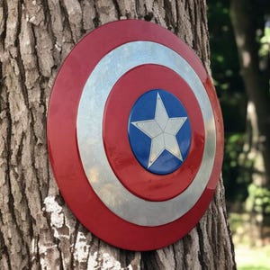 May include: A red, white, and blue shield with a silver star in the center, mounted on a tree trunk. The shield has a circular design with concentric rings of red, silver, and blue.