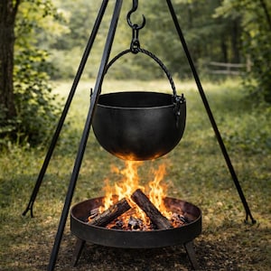 May include: A black cast iron cauldron suspended over a fire pit with burning logs. The cauldron hangs from a black tripod stand, creating a rustic outdoor cooking setup. Flames rise from the fire pit, illuminating the scene.