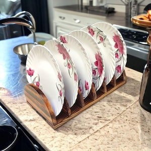 Estante para platos de madera rústico hecho a mano / Soporte para encimera de cocina