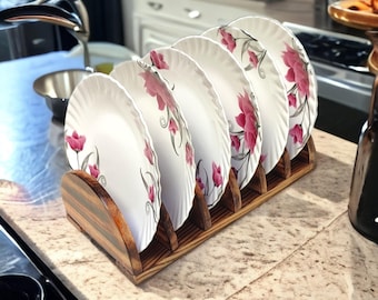Rustic Handmade Wooden Plate Rack | Kitchen Countertop Stand