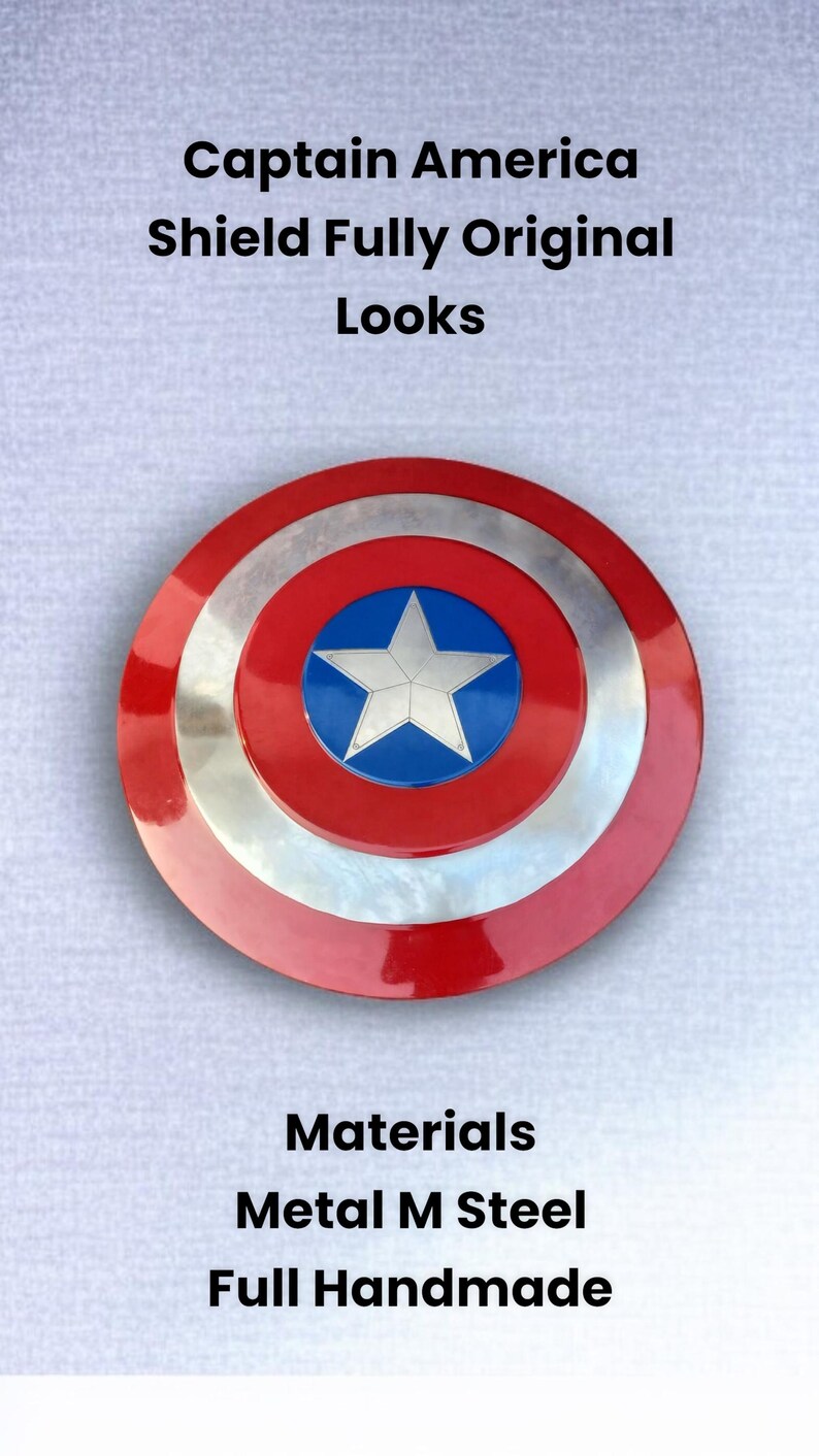 May include: A Captain America shield with a red, silver, and blue color scheme. The shield features a central blue circle with a white star, surrounded by silver and red concentric rings. The text "Captain America Shield Fully Original Looks" is at the top.
