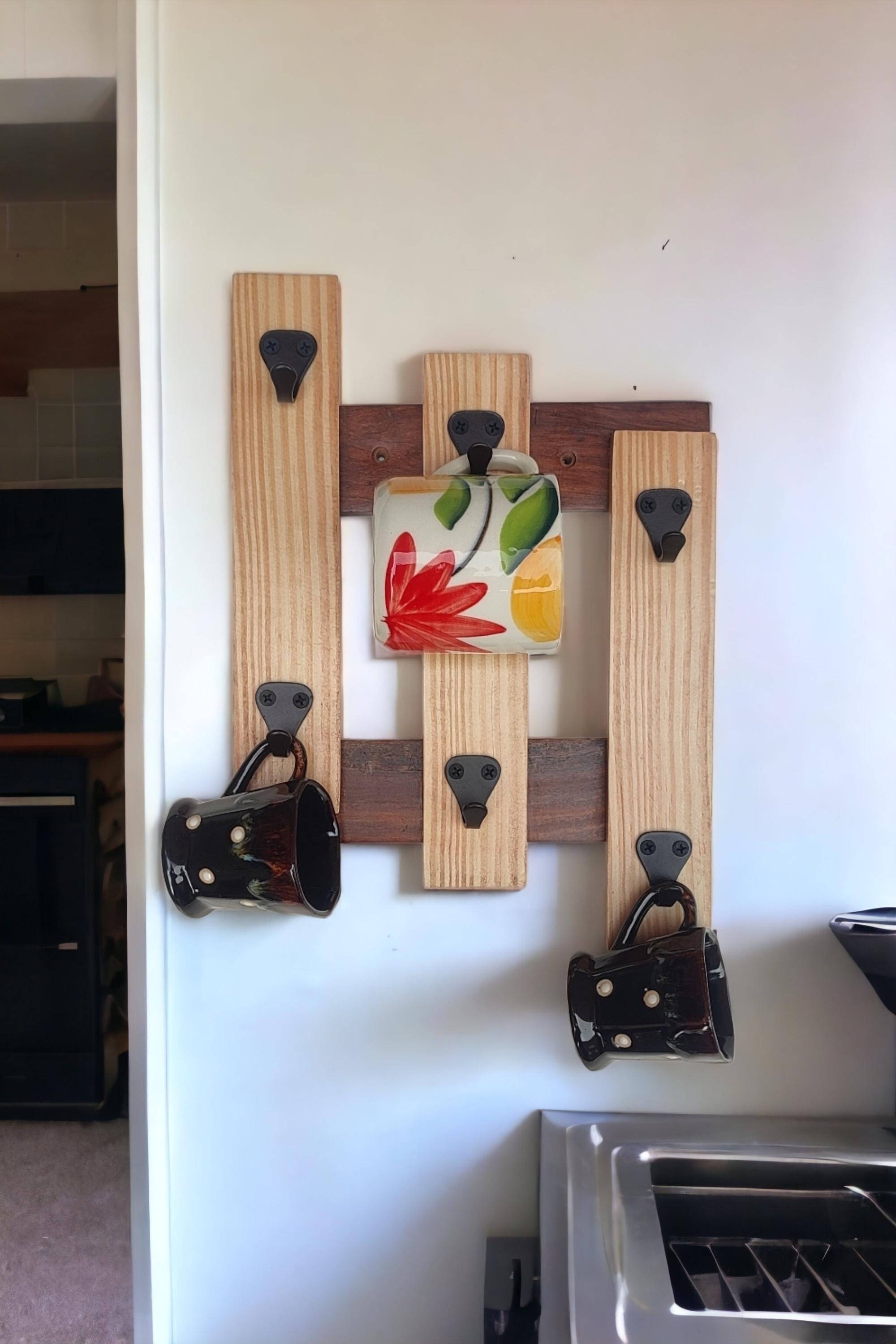 Timber Mug Rack Wall Mounted Pine Wood Mug Rack: Modern Coffee Cup Organizer With Hooks ...