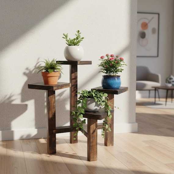 Handmade Mango Wood Planter Stand - 4 Tier Foldable Plant Shelf for Indoor Home Decor