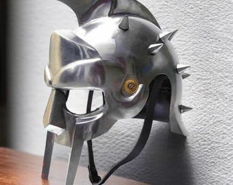 Casco de gladiador Maximus: armadura griega de acero de calibre 18 con soporte de exhibición