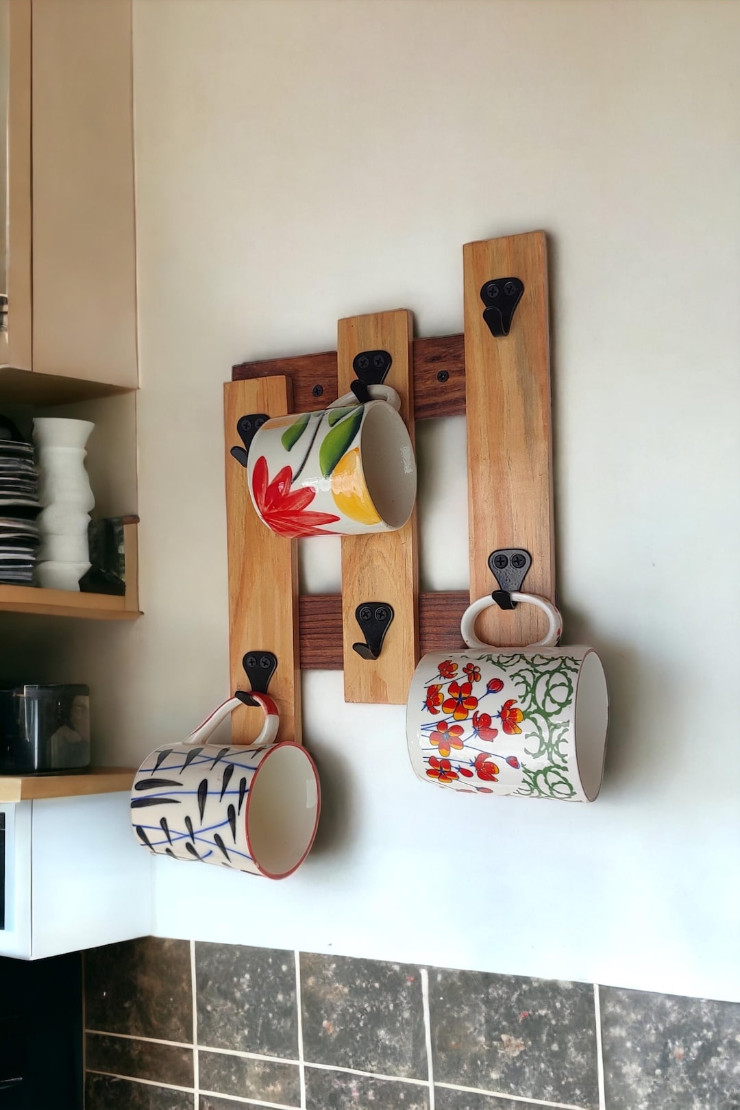 Timber Mug Rack Wall Mounted Pine Wood Mug Rack: Modern Coffee Cup Organizer With Hooks ...