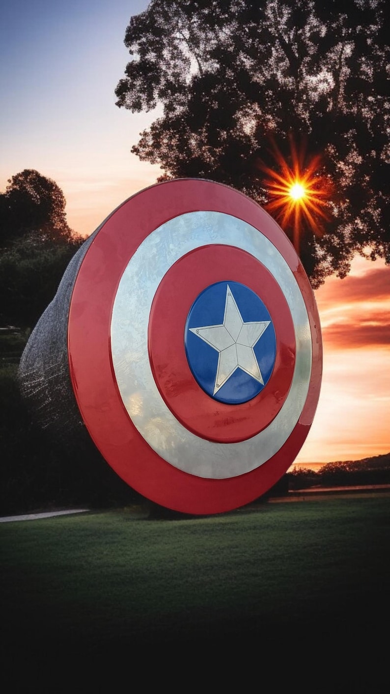 May include: A large, outdoor sculpture of Captain America's shield. The shield is red, white, and blue with a silver star in the center. The background features a sunset, trees, and green grass.