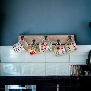 Mango Wood Mug Holder: Whitewash Kitchen Wall Decor with 5 Iron Hooks