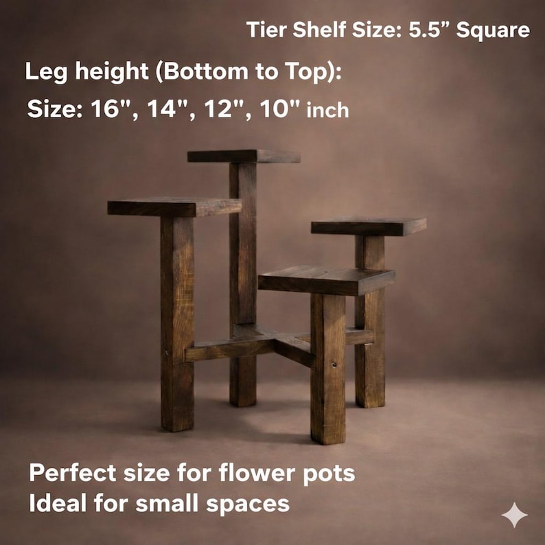 Puede incluir: Una estanter&iacute;a de madera de tres niveles con una parte superior cuadrada de 14 cm. Las alturas de las patas son 40.6, 35.6, 30.5 y 25.4 cm. La estanter&iacute;a es de madera oscura y est&aacute; dise&ntilde;ada para espacios peque&ntilde;os. El texto dice "Perfect size for flower pots".